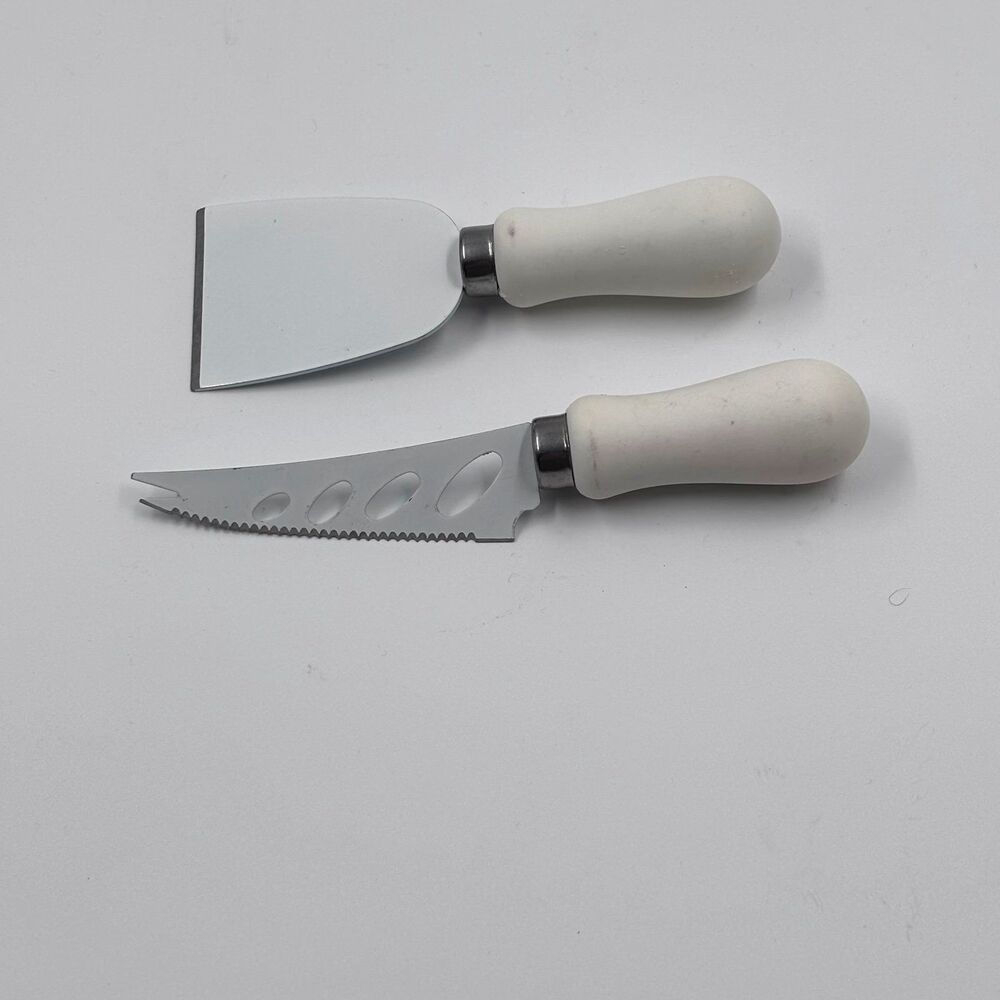 Vintage White Ceramic Cheese Knife Spreader Set 4.5" Stainless Steel 2 Pc